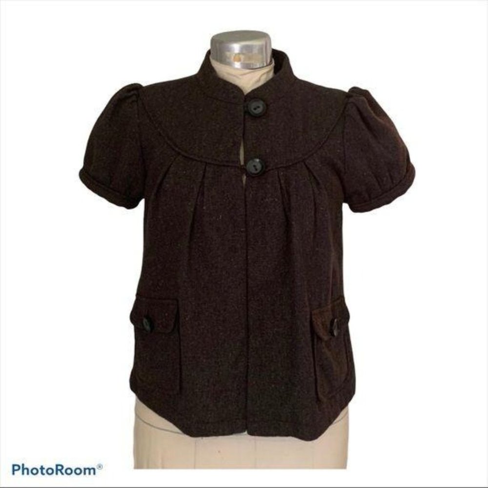 Nick & Mo Anthropologie Jacket Blazer Wool Mandarin Collar Puff Sleeves Brown M